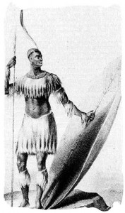 Le seul dessin connu de Shaka avec la sagaie et le bouclier lourds en 1824, quatre ans avant sa mort