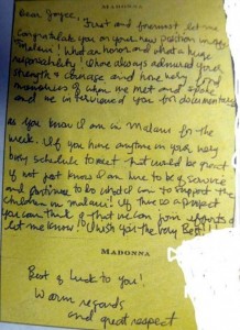 Lettre de Madonna à la présidente du Malawi, Mme Joyce Banda.