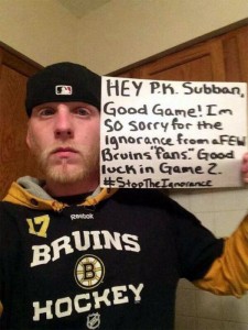 Un fan de Boston s'excusant pour la légion de propos racistes tenue a l'égard de PK Subban par les gens de Boston en 2014