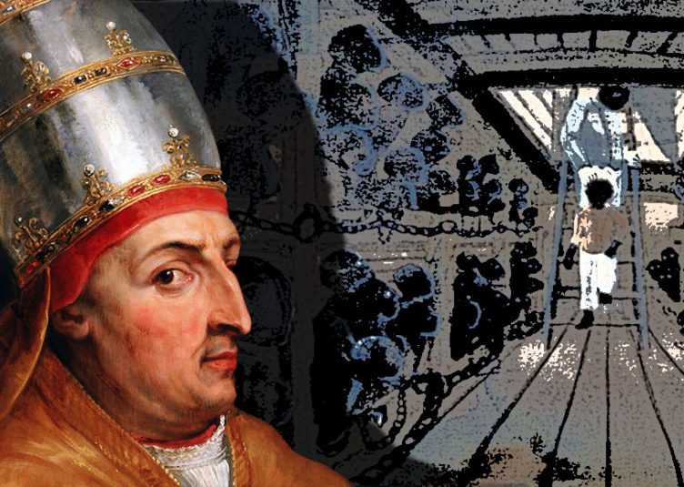 Le 8 janvier 1454, le Pape Nicolas V, Tommaso Parentucelli (1398 - 1455), autorisa l'esclavage. C'est la sinistre journée où le Vatican déclara la guerre sainte contre l'Afrique dans sa bulle papale "Romanus Pontifex". Par cette bulle, le pape Nicolas V concédait au roi du Portugal Afonso V et au Prince Henry ainsi qu'à tous leurs successeurs, toutes les conquêtes en Afrique en y réduisant en servitude perpétuelle toutes les personnes, considérées comme infidèles et ennemies du Christ, et en s'appropriant tous leurs biens et royaumes.
